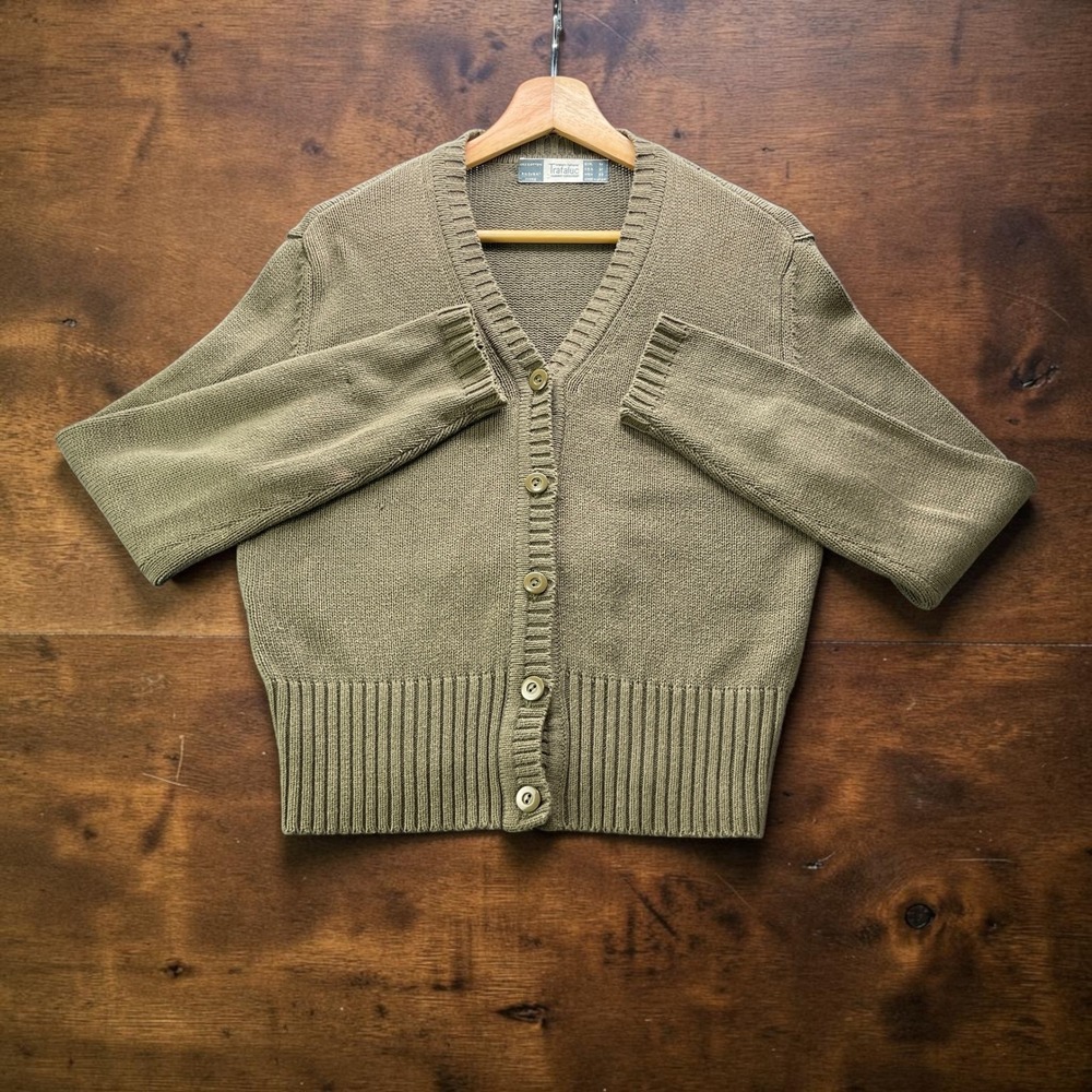 Vintage Zara Trafaluc Olive Green V-Neck Button Cardigan Sweater Made in Spain M